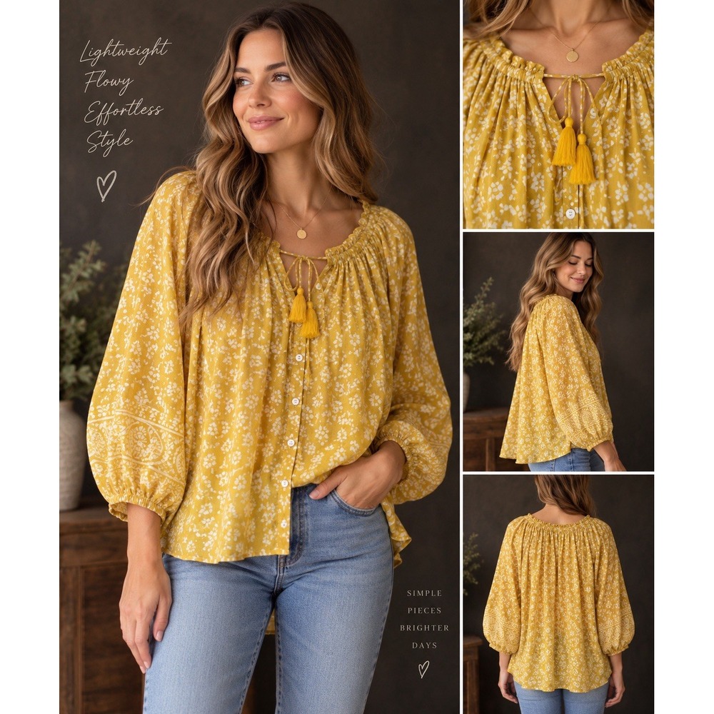 Cleobella Women's XL Mustard Yellow Organic Cotton Boho Blouse Tassel Tie